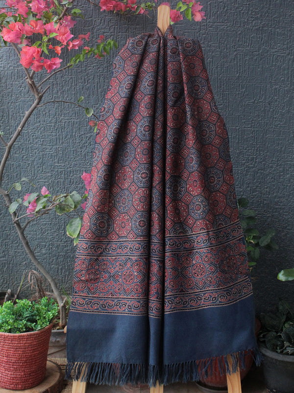 Indigo Bhujodi Handloom Pure Wool Ajrakh Hand Block Printed Stole