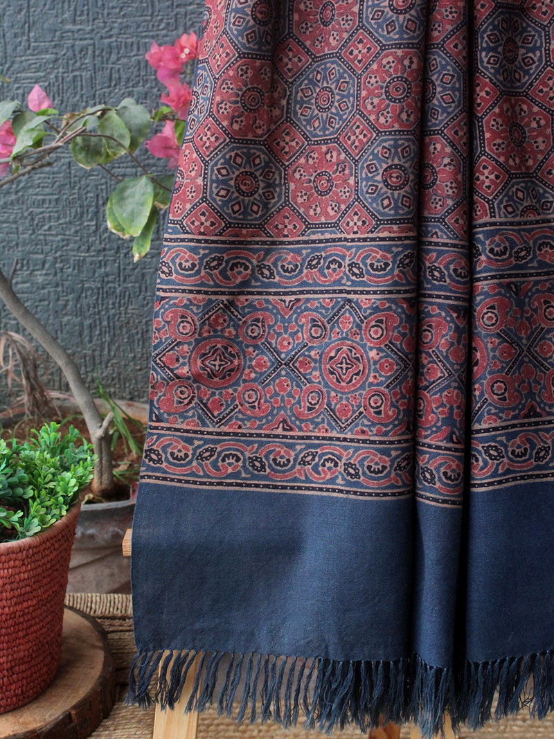 Indigo Bhujodi Handloom Pure Wool Ajrakh Hand Block Printed Stole