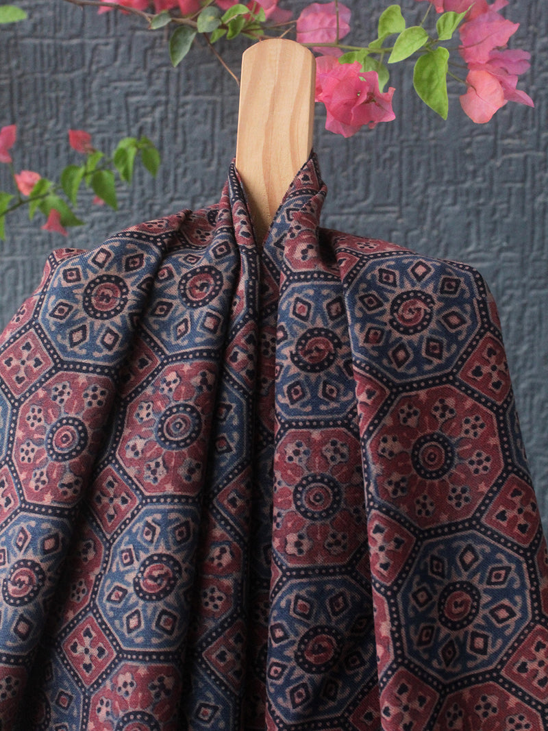 Indigo Bhujodi Handloom Pure Wool Ajrakh Hand Block Printed Stole