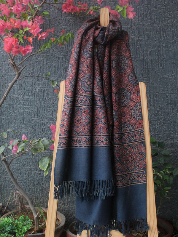 Indigo Bhujodi Handloom Pure Wool Ajrakh Hand Block Printed Stole