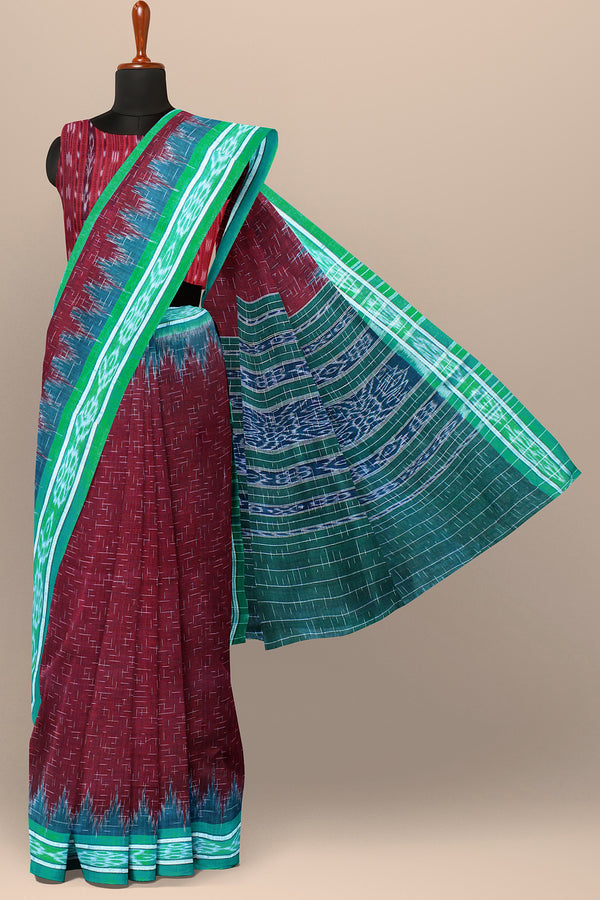 Maroon Odisha Ikkat Handloom Cotton Jharna Saree With Blouse Piece