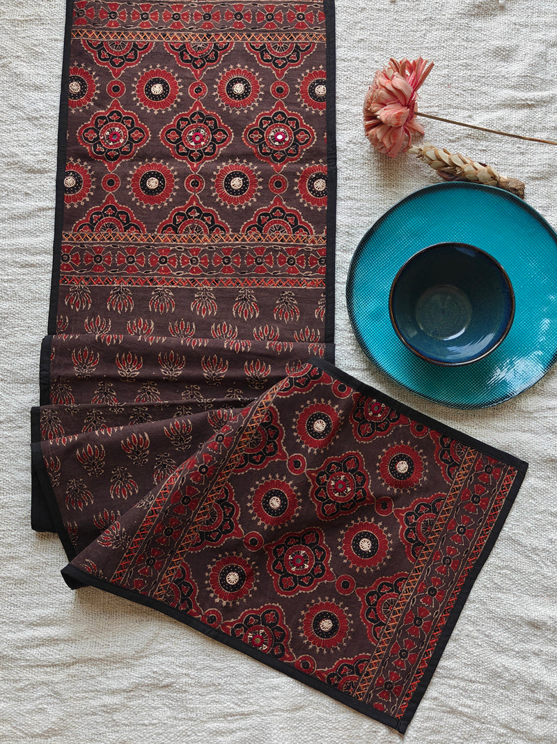 Ajrakh Hand Block Printed Embroidered Table Runner (73 x 13 Inches ...