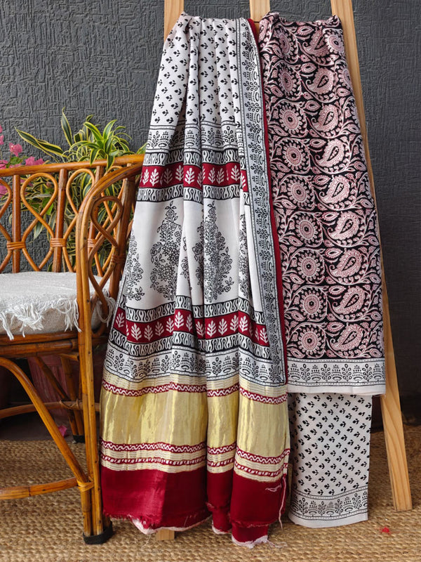 Black and White Bagh Hand Block Printed Modal Silk Dress Material