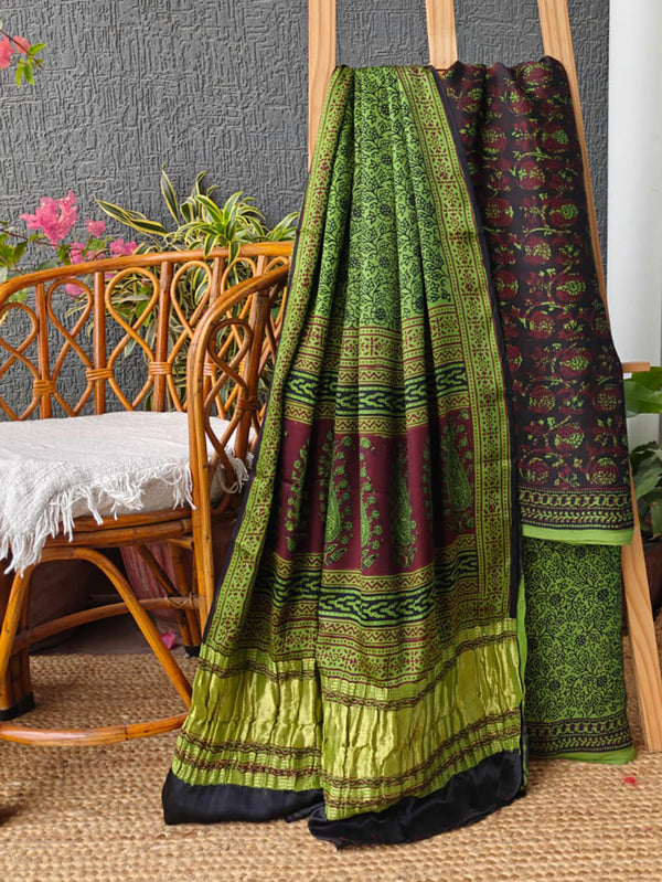 Green and Maroon Bagh Hand Block Printed Modal Silk Dress Material