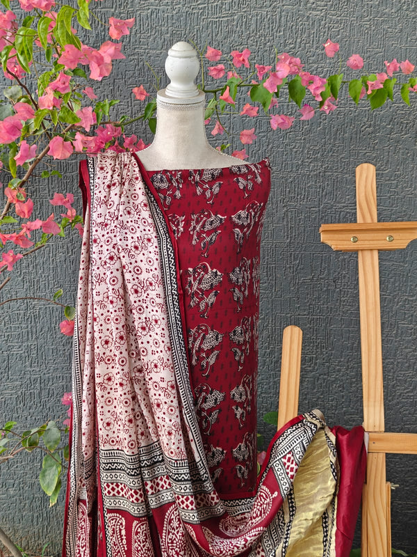 Maroon and White Bagh Hand Block Printed Modal Silk Dress Material