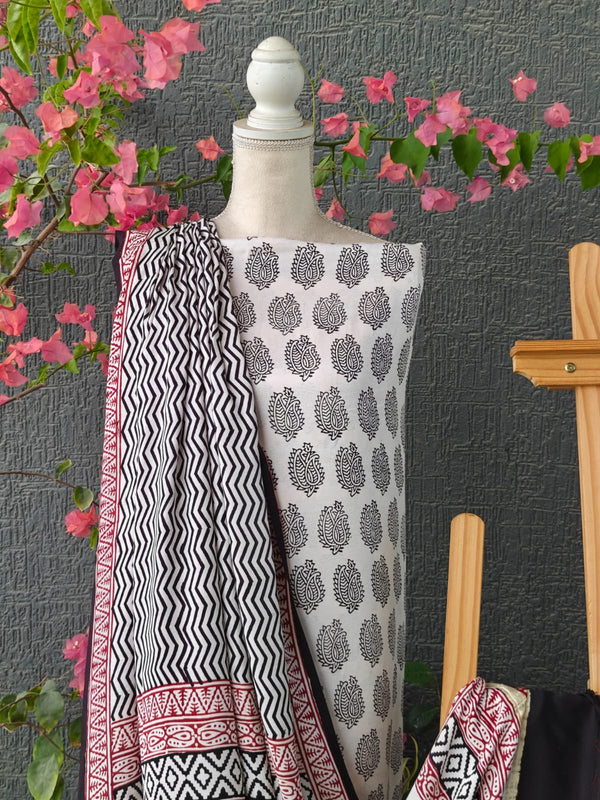 White Bagh Hand Block Printed Modal Silk Dress Material