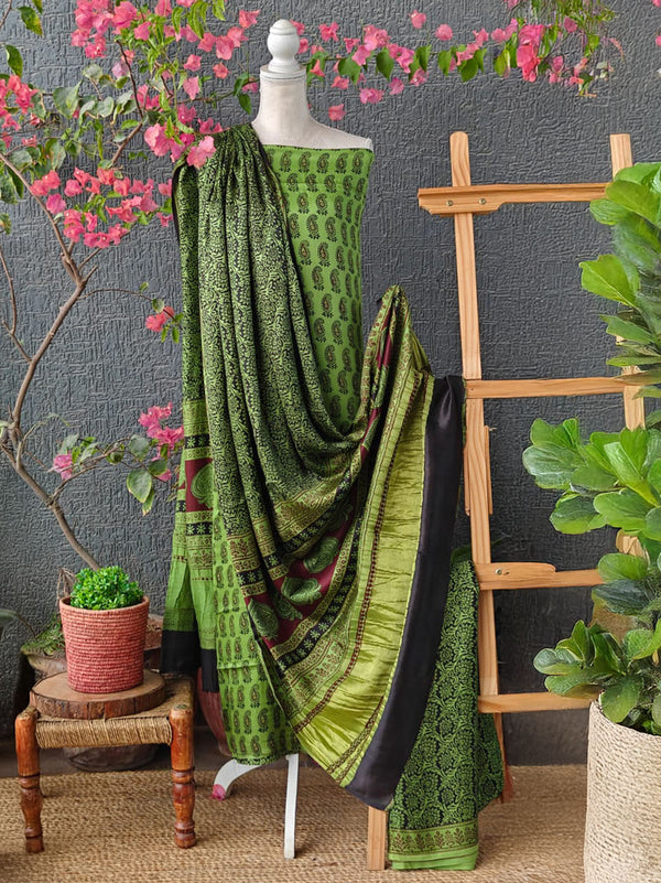 Green Bagh Hand Block Printed Modal Silk Dress Material