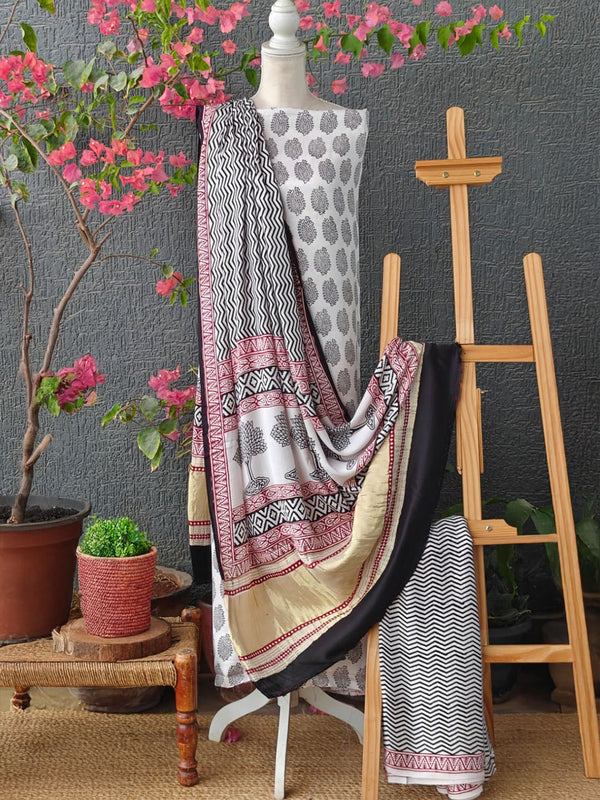 White Bagh Hand Block Printed Modal Silk Dress Material