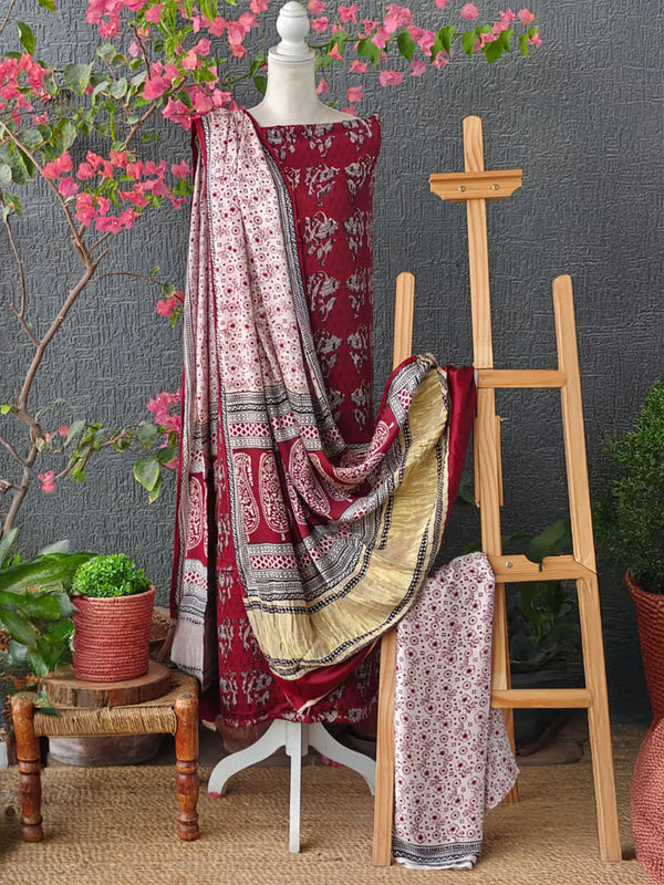 Maroon and White Bagh Hand Block Printed Modal Silk Dress Material