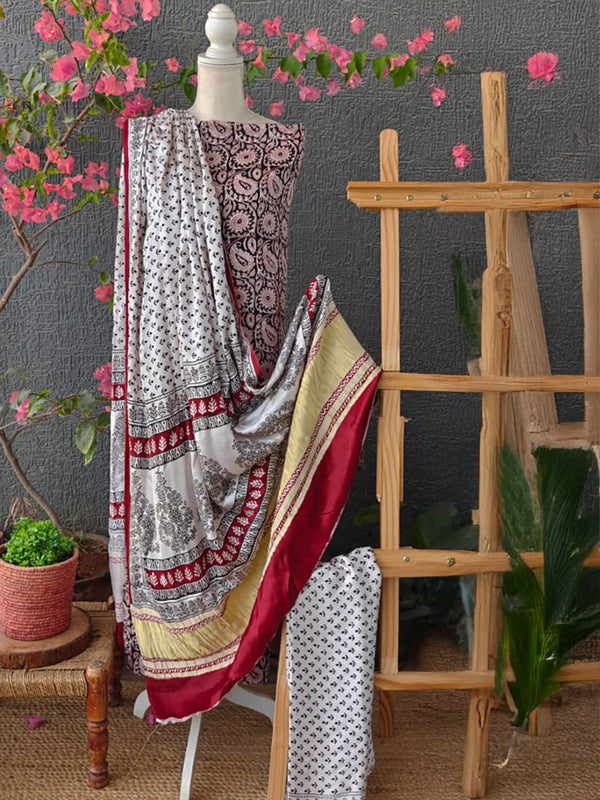 Black and White Bagh Hand Block Printed Modal Silk Dress Material