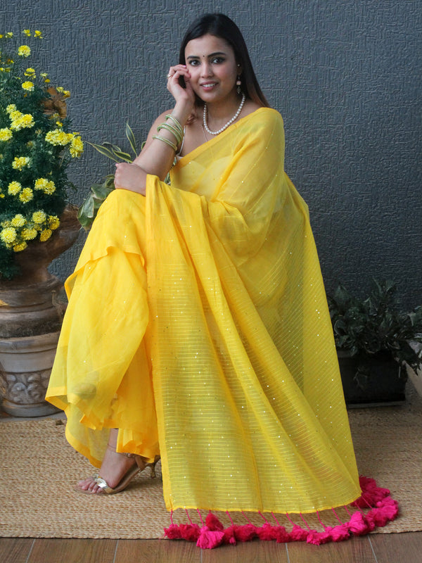 Yellow Sequinned Mul Mul Cotton Saree With Large Tassels