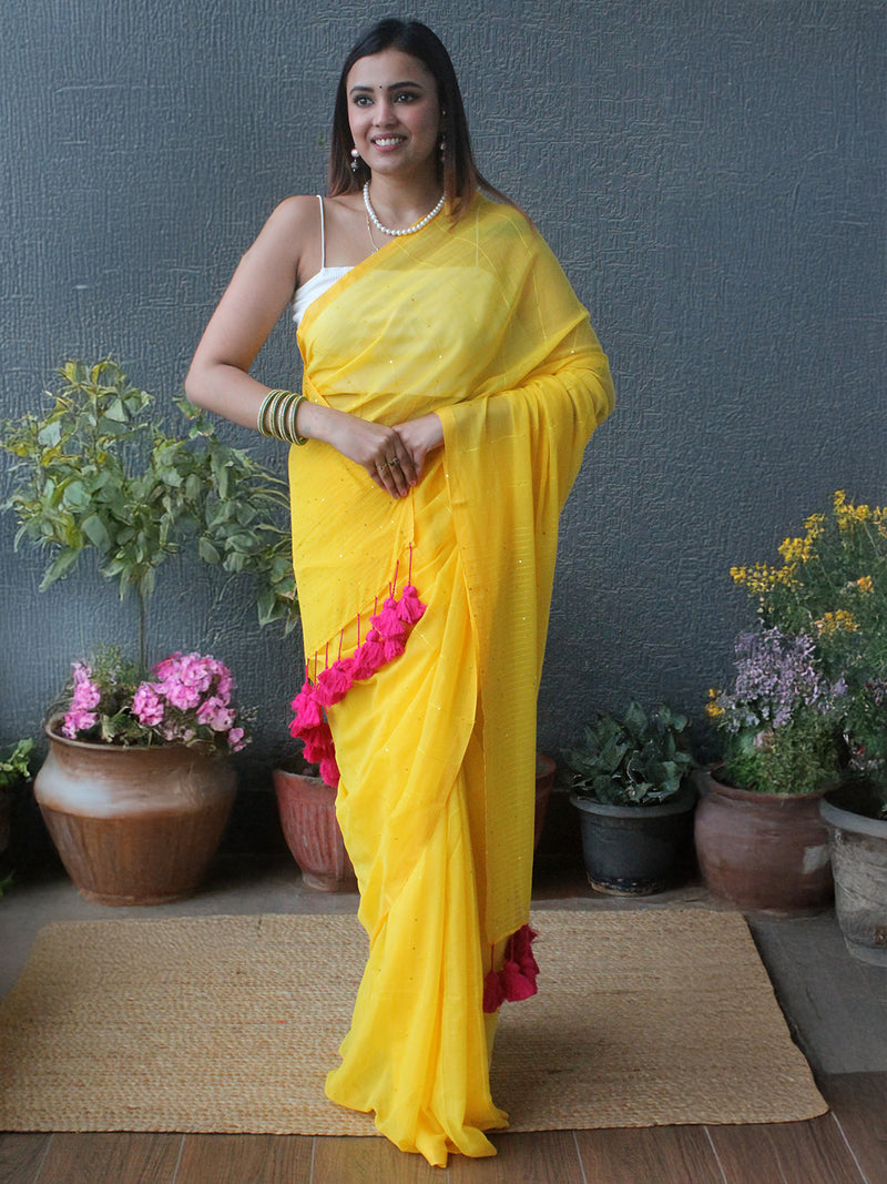 Yellow Sequinned Mul Mul Cotton Saree With Large Tassels