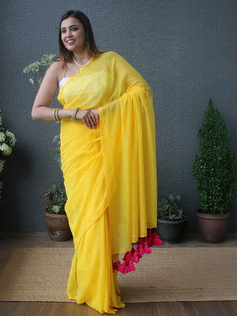 Yellow Sequinned Mul Mul Cotton Saree With Large Tassels
