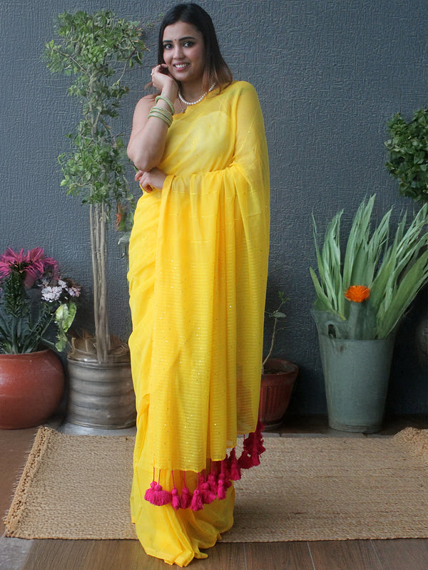 Yellow Sequinned Mul Mul Cotton Saree With Large Tassels