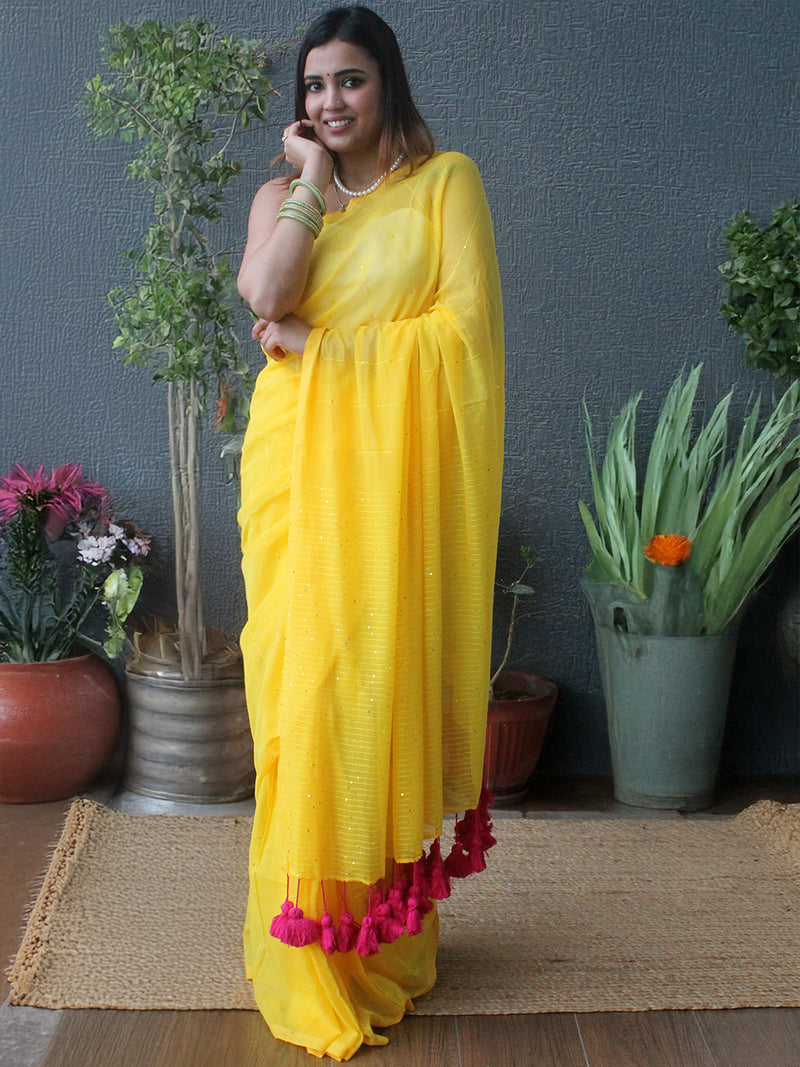 Yellow Sequinned Mul Mul Cotton Saree With Large Tassels