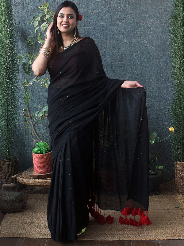 Black Sequinned Mul Mul Cotton Saree With Large Tassels