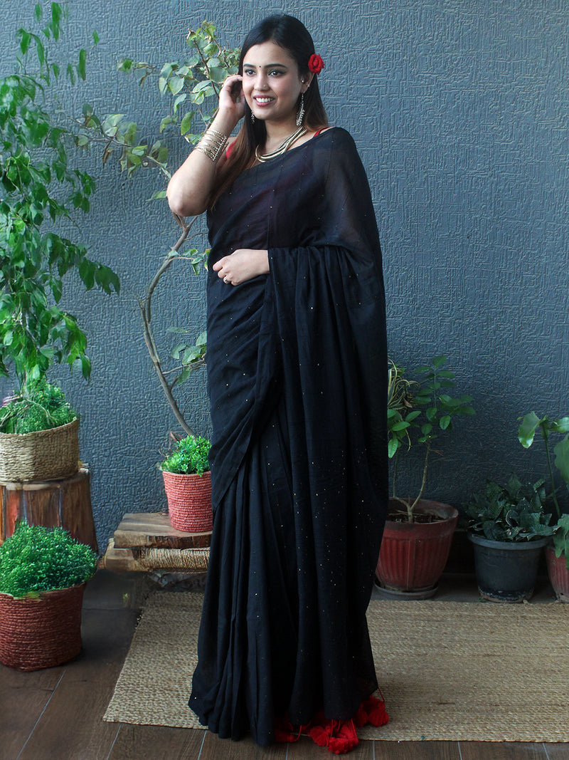 Black Sequinned Mul Mul Cotton Saree With Large Tassels