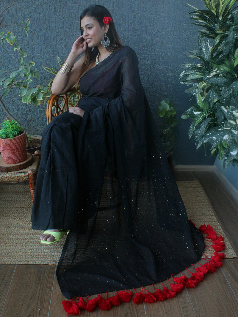 Black Sequinned Mul Mul Cotton Saree With Large Tassels