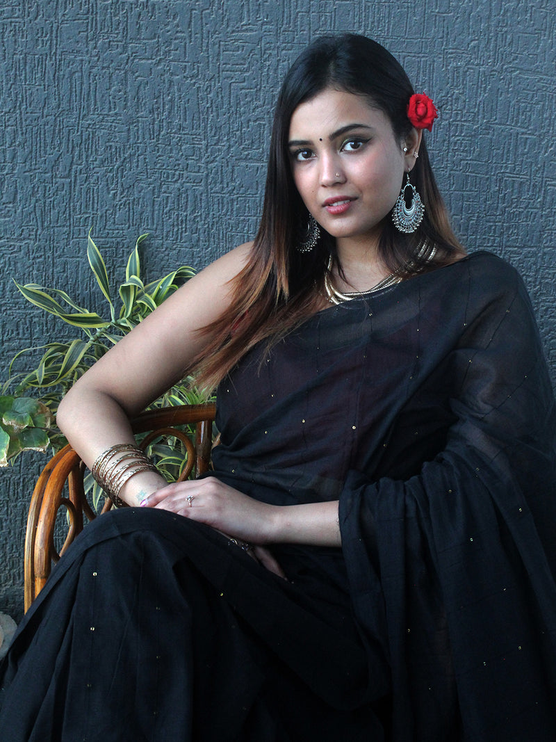 Black Sequinned Mul Mul Cotton Saree With Large Tassels