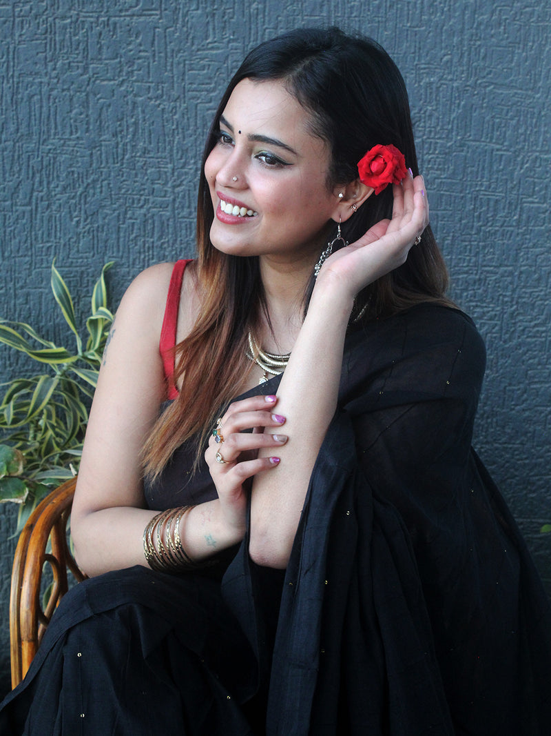 Black Sequinned Mul Mul Cotton Saree With Large Tassels