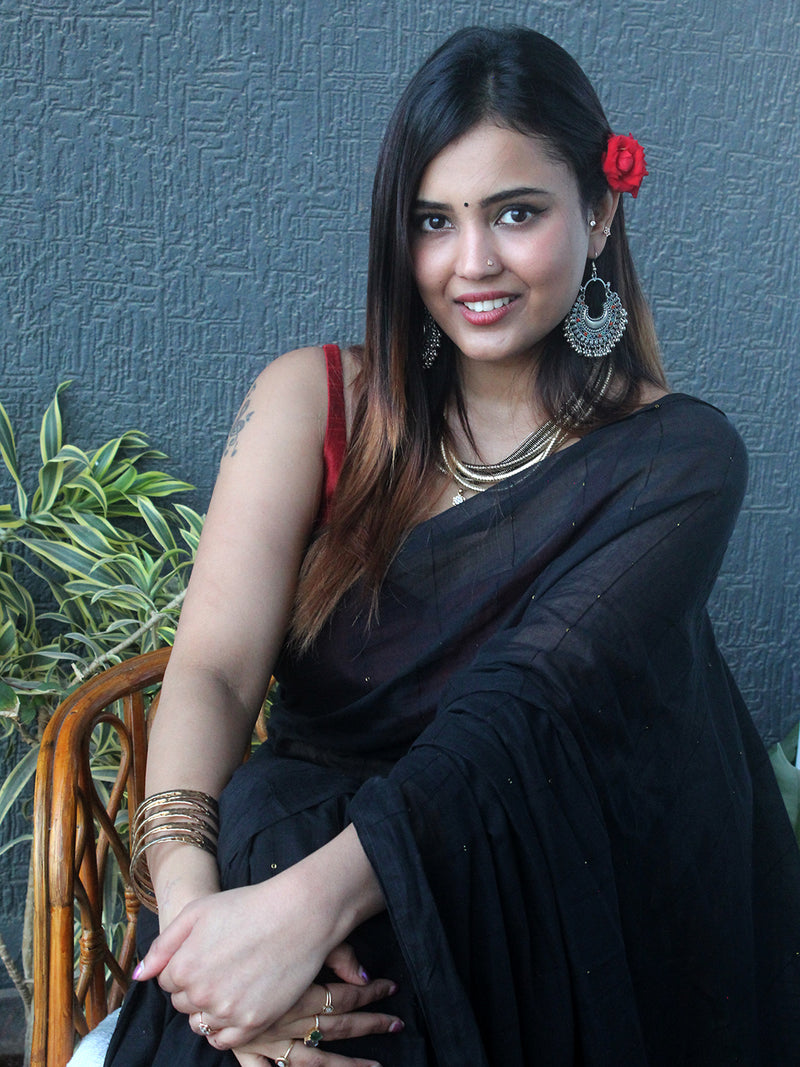 Black Sequinned Mul Mul Cotton Saree With Large Tassels