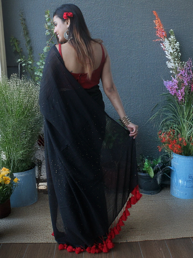 Black Sequinned Mul Mul Cotton Saree With Large Tassels