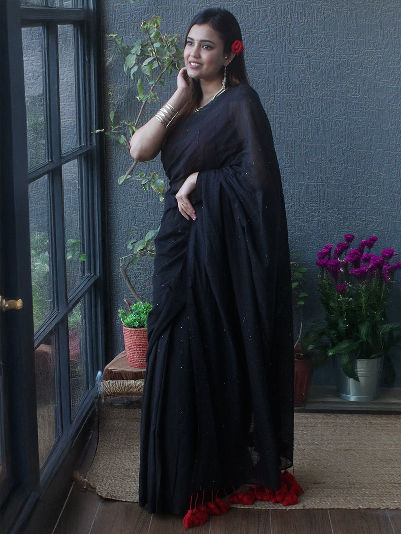 Black Sequinned Mul Mul Cotton Saree With Large Tassels
