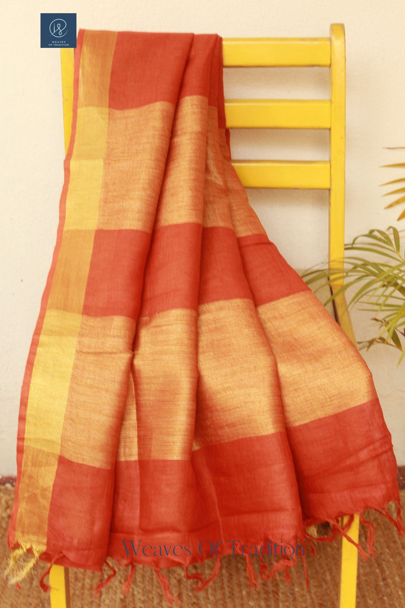 Rust Handloom Linen Saree With Zari Border