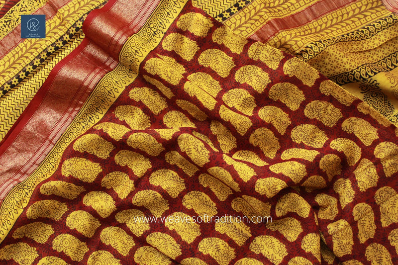 Maroon Bagh Hand Block Printed Maheshwari Cotton Silk Saree
