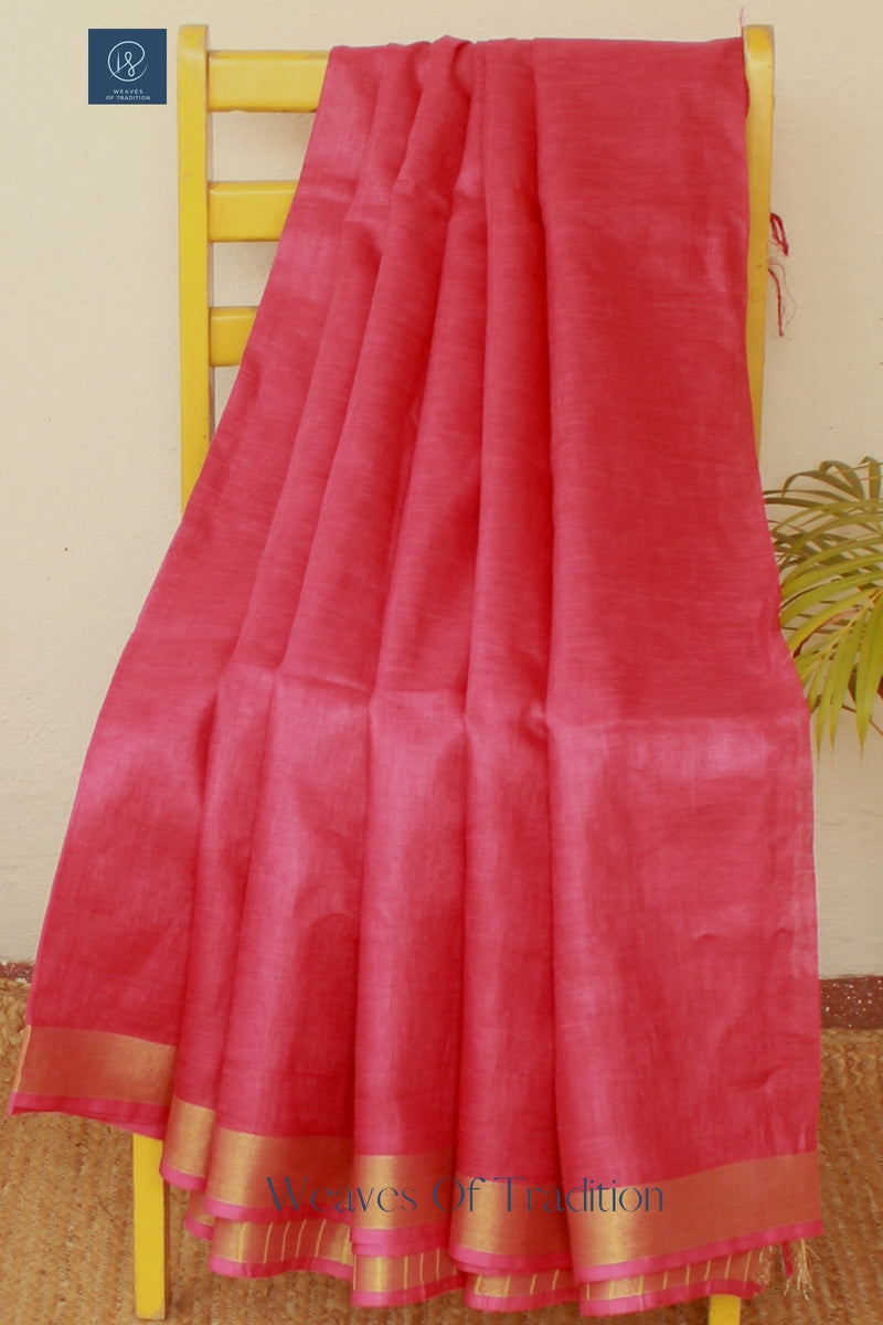 Pink Handloom Linen Saree With Zari Border