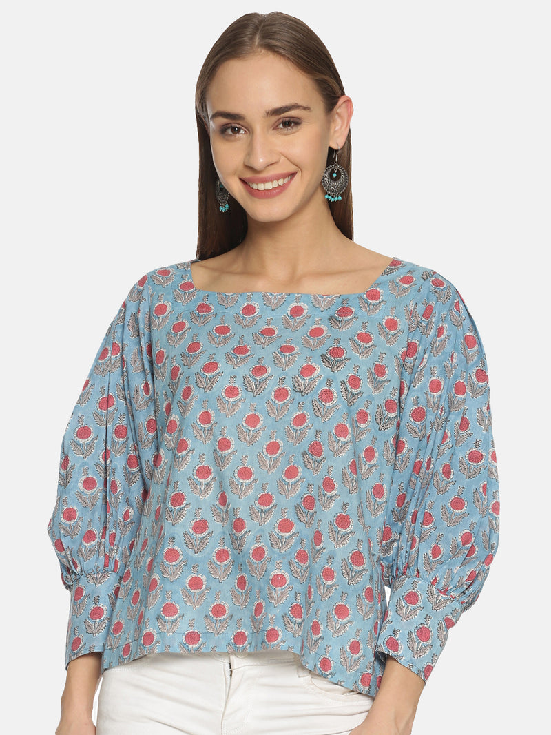 Sky Blue Hand Block Printed Cotton Relaxed Top with Puffed Sleeves