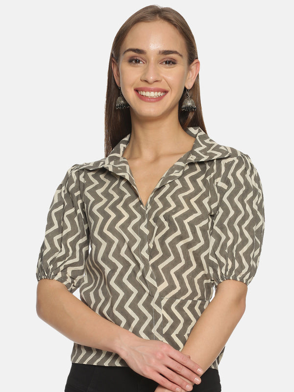 Grey and White Chevron Hand Block Printed Cotton Cropped Wrap Around Shirt with Puffed Sleeves