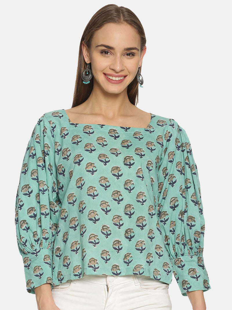 Sea Green Hand Block Printed Cotton Relaxed Top with Puffed Sleeves