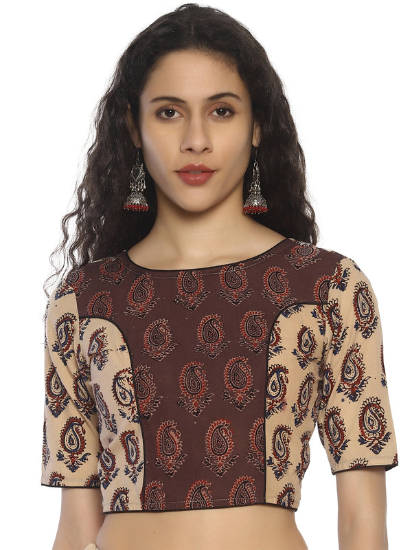 Beige and Light Brown Ajrakh Hand Block Printed Pure Cotton Blouse