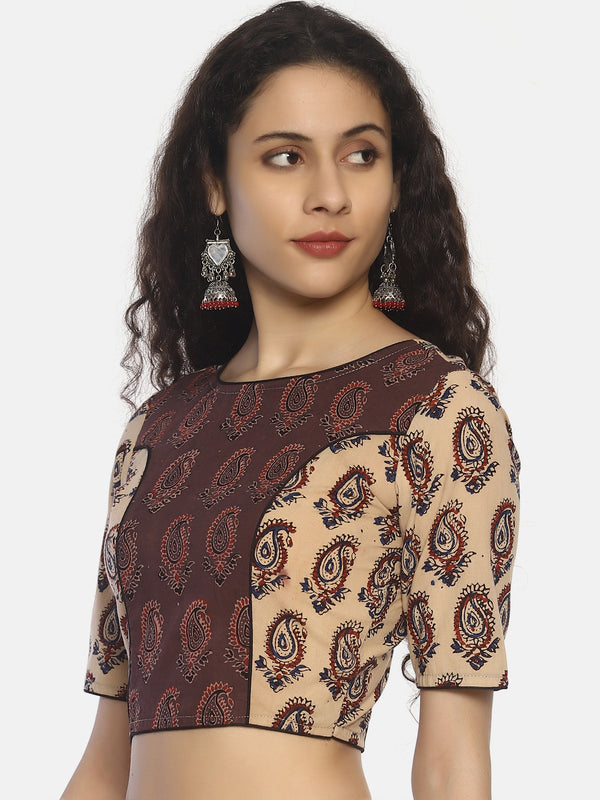 Beige and Light Brown Ajrakh Hand Block Printed Pure Cotton Blouse