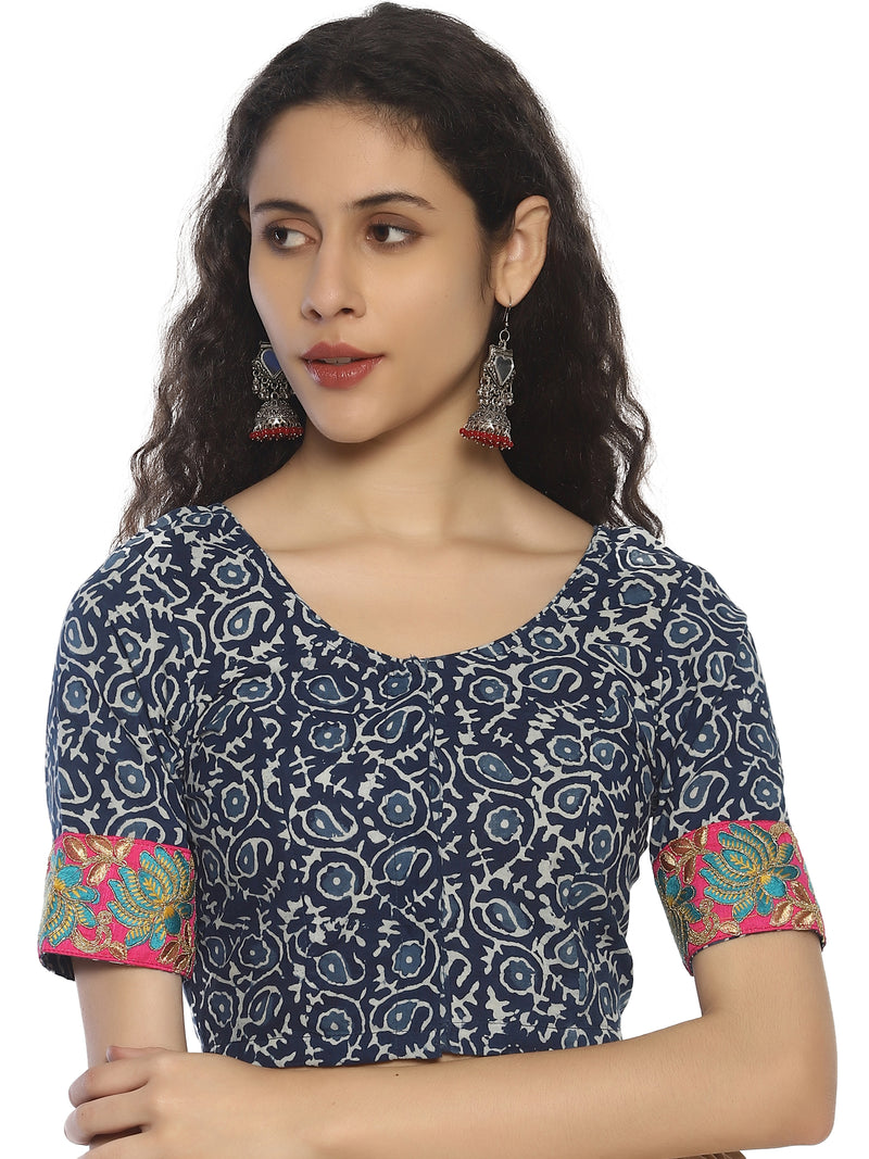 Indigo Bagru Hand Block Printed Pure Cotton Blouse with Pink Floral Border on Sleeves