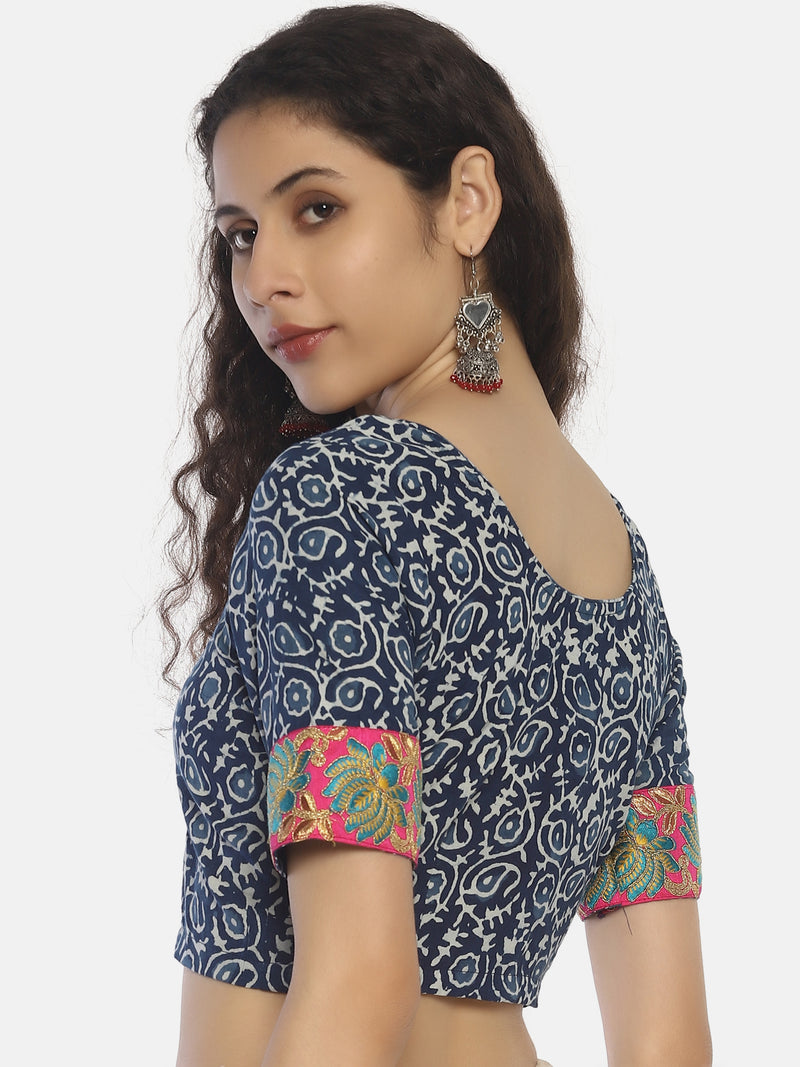 Indigo Bagru Hand Block Printed Pure Cotton Blouse with Pink Floral Border on Sleeves