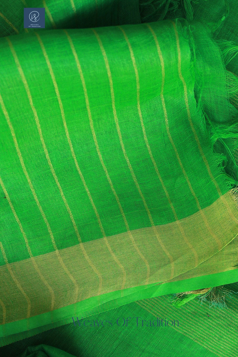 Green Handloom Linen Saree With Zari Border