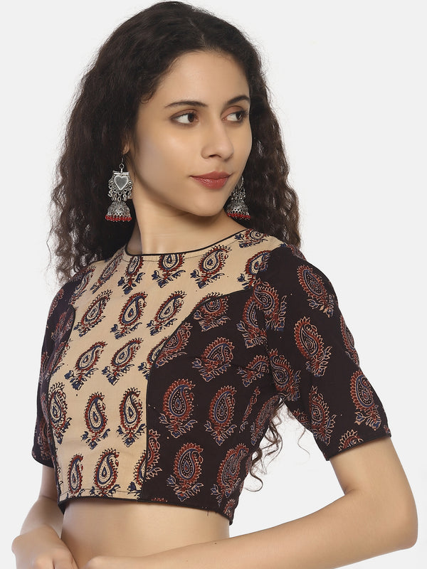 Beige and Dark Brown Ajrakh Hand Block Printed Pure Cotton Blouse