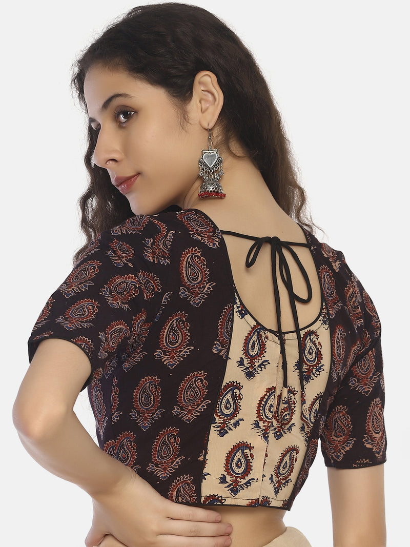 Beige and Dark Brown Ajrakh Hand Block Printed Pure Cotton Blouse