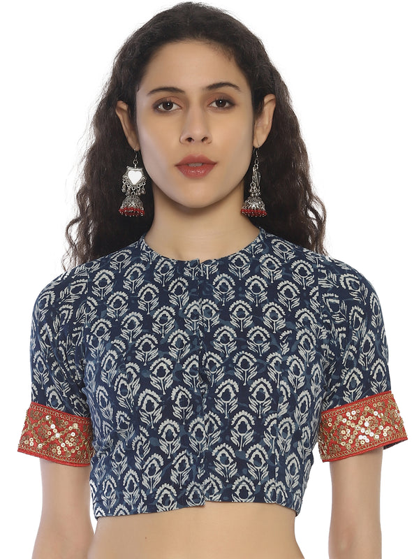 Indigo Bagru Hand Block Printed Pure Cotton Blouse with Red Sequins Border