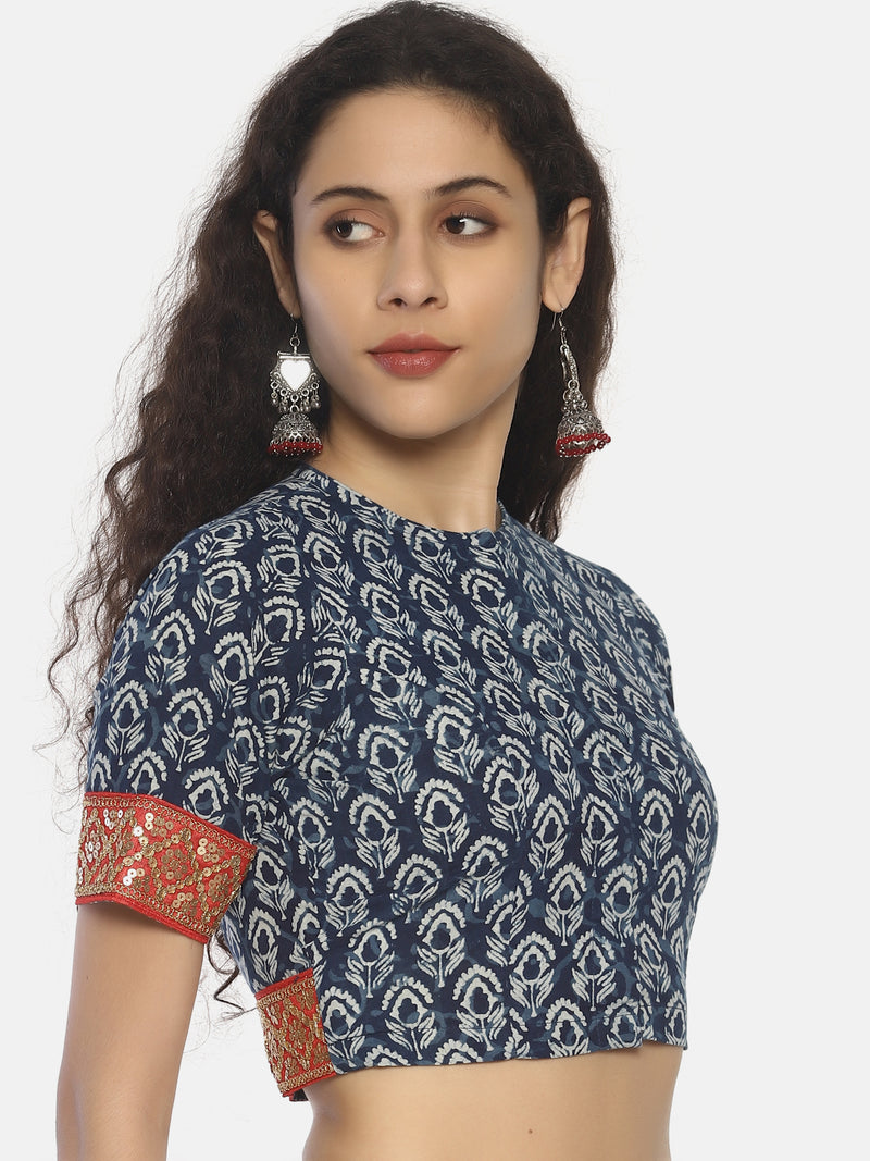 Indigo Bagru Hand Block Printed Pure Cotton Blouse with Red Sequins Border