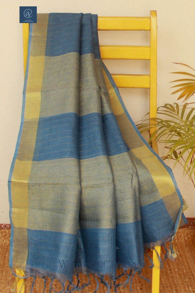 Blue Handloom Linen Saree With Zari Border