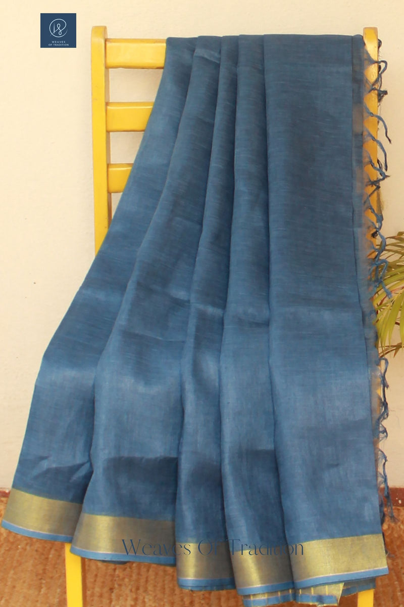 Blue Handloom Linen Saree With Zari Border