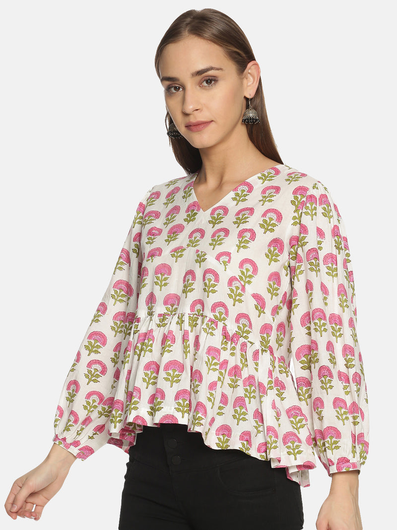 White V-Neck Cotton Hand Block Printed Peplum Top with Long Puffed Sleeves