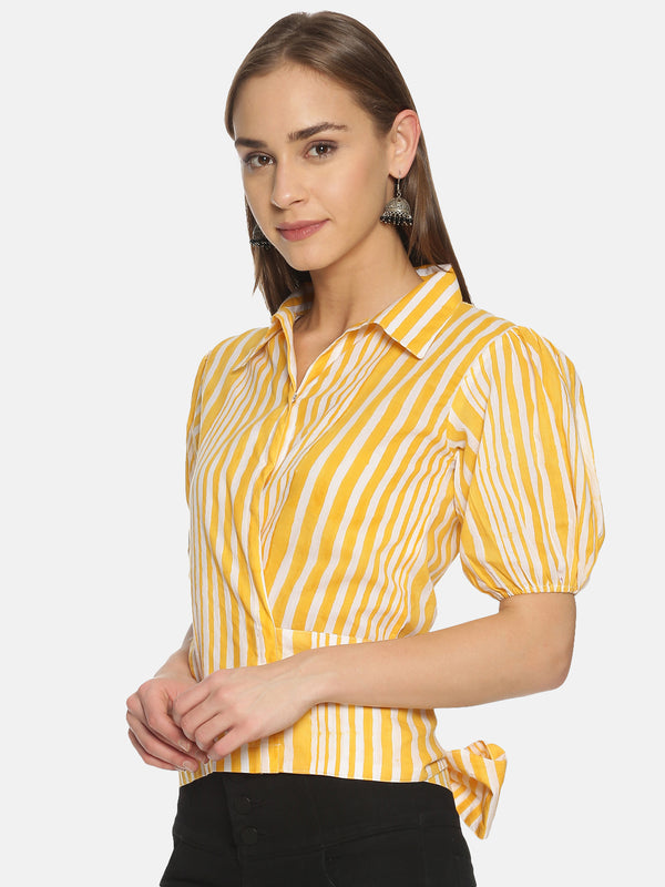 Yellow and White Stripes Hand Block Printed Cotton Cropped Wrap Around Shirt with Puffed Sleeves