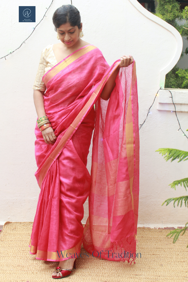Pink Handloom Linen Saree With Zari Border