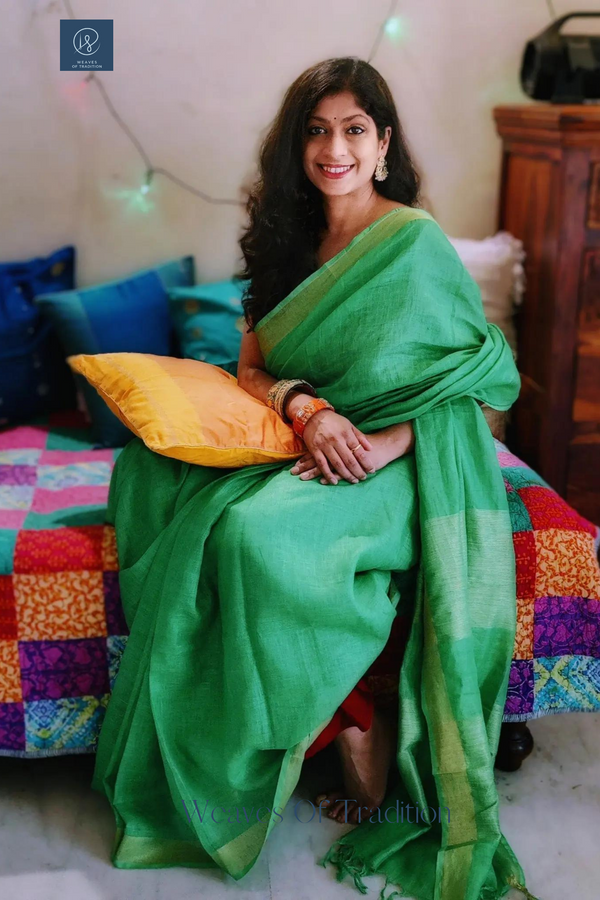 Green Handloom Linen Saree With Zari Border