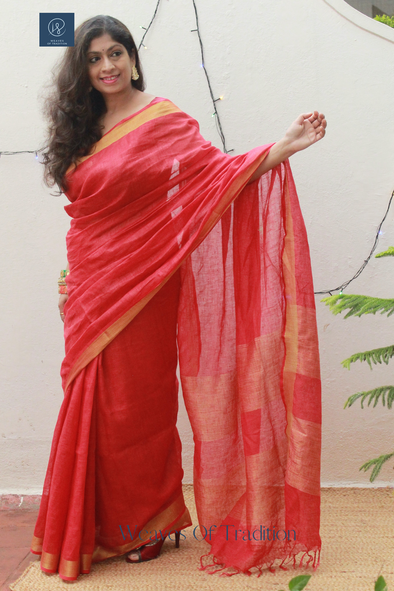 Red Handloom Linen Saree With Zari Border
