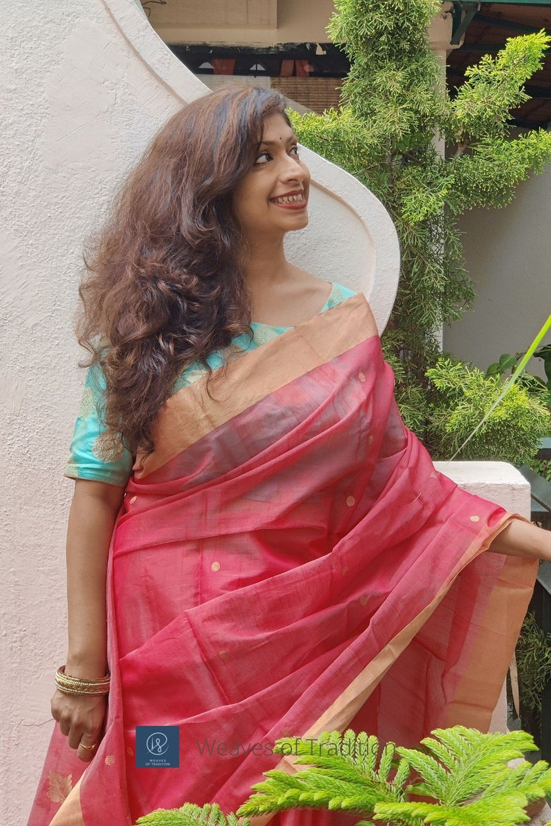 Pink Chanderi Handloom Cotton Silk Saree With Blouse Piece